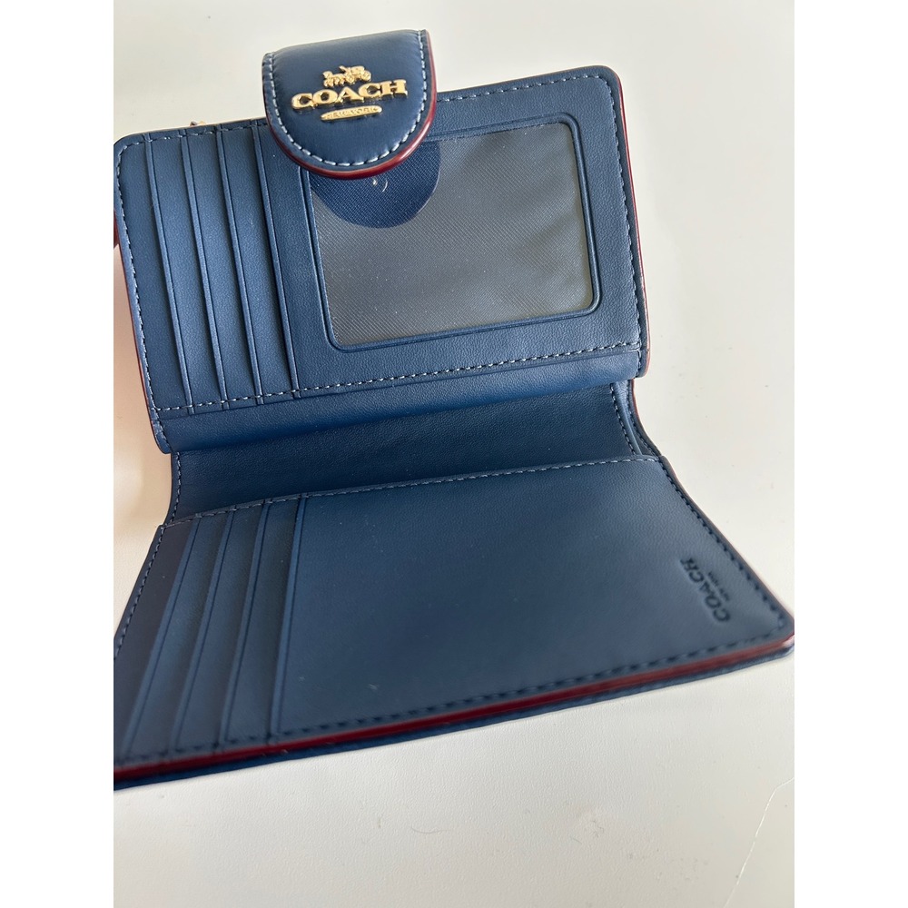 Coach Medium Corner Zip Wallet Navy Blue Signature Chambray Leather Excellent - Picture 3 of 6